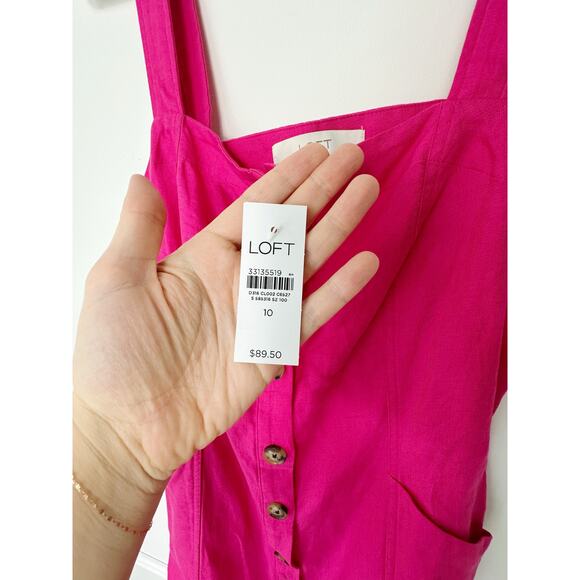 NWT The Loft bright pink linen blend button front summer dress size 10 - Picture 10 of 11